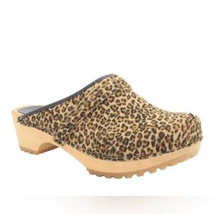 Bjork Safari Wood Open Back Leopard Clogs size 38